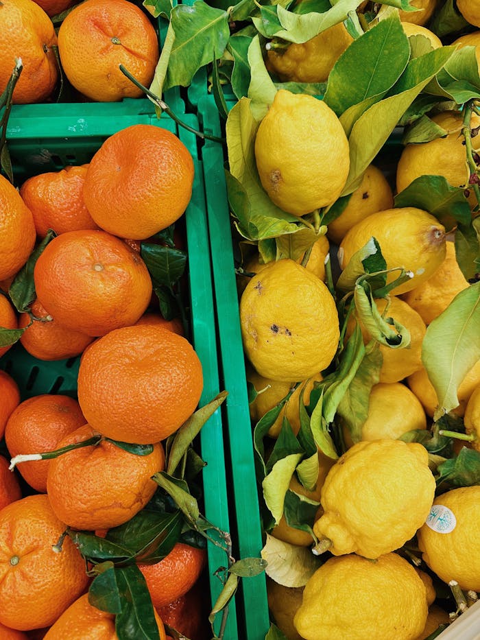 Vivid display of fresh lemons and mandarins in a market setting, highlighting freshness and color.